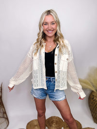 Very J Cream Crochet Lace Long Sleeve Button Up Top