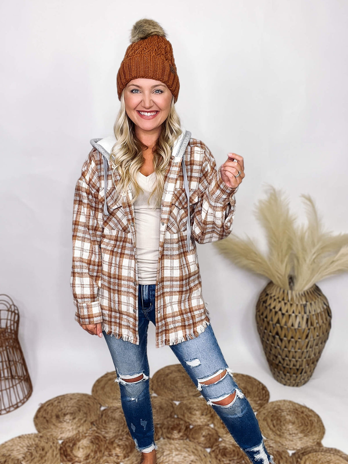 Very J Camel and Grey Plaid Frayed Hem Hooded Shacket Front Snap Buttons Front Chest Pockets Relaxed Oversized Fit Self: 75% Polyester, 20% Cotton, 5% Wool / Contrast: 100% Polyester