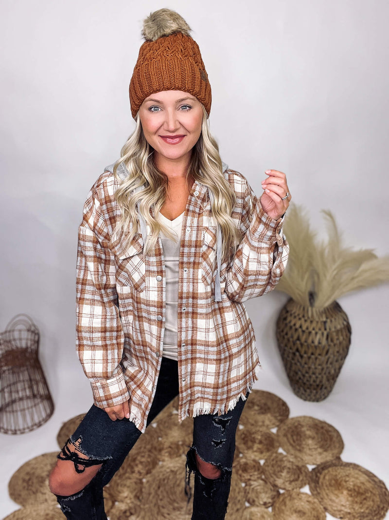 Very J Camel and Grey Plaid Frayed Hem Hooded Shacket Front Snap Buttons Front Chest Pockets Relaxed Oversized Fit Self: 75% Polyester, 20% Cotton, 5% Wool / Contrast: 100% Polyester