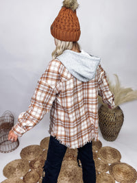 Very J Camel and Grey Plaid Frayed Hem Hooded Shacket Front Snap Buttons Front Chest Pockets Relaxed Oversized Fit 