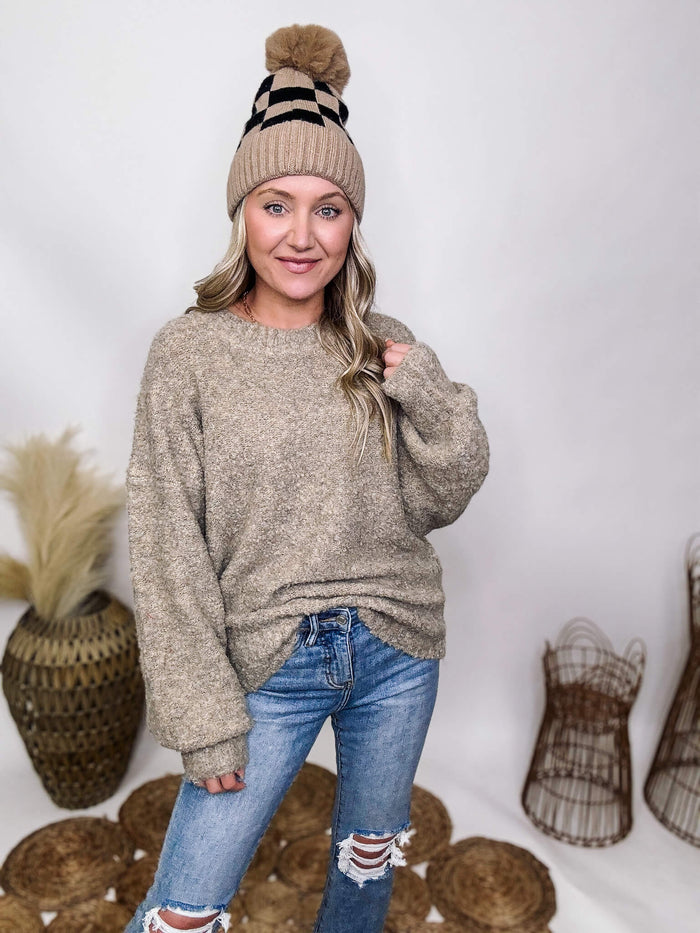 Very J Mocha Fuzzy Soft Sweater Round Neck Ribbed Hem Balloon Sleeves Stretchy Relaxed Fit 60% Polyester, 35% Acrylic, 5% Spandex