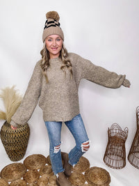 Very J Mocha Fuzzy Soft Sweater Round Neck Ribbed Hem Balloon Sleeves Stretchy Relaxed Fit 60% Polyester, 35% Acrylic, 5% Spandex