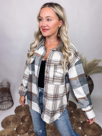 Camel and Grey Mixed Plaid Shacket Front Button Closure Front Chest Pockets Relaxed Oversized Fit Wool