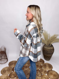 Camel and Grey Mixed Plaid Shacket Front Button Closure Front Chest Pockets Relaxed Oversized Fit Wool