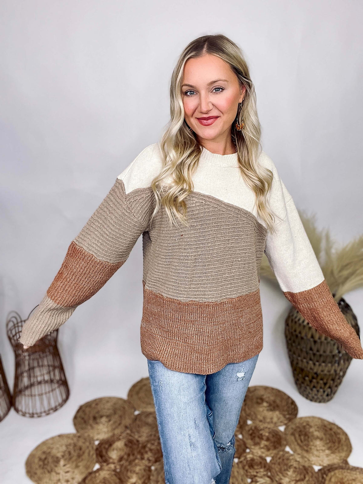 Very J Mocha Neutral Mix Diagonal Colorblock Sweater Knit Top Ribbed Details Round Neck Drop Shoulder Relaxed Fit 75% Polyester, 20% Acrylic, 5% Viscose