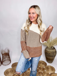 Very J Mocha Neutral Mix Diagonal Colorblock Sweater Knit Top Ribbed Details Round Neck Drop Shoulder Relaxed Fit 75% Polyester, 20% Acrylic, 5% Viscose