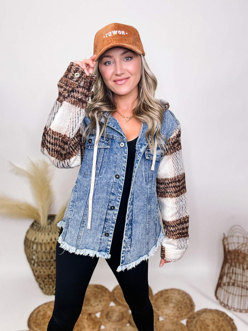 Very J Plaid Sleeves Plaid Hood Denim Jacket Frayed Hem Hooded Jacket Front Buttons Front Chest Pockets Side Pockets Relaxed Oversized Fit