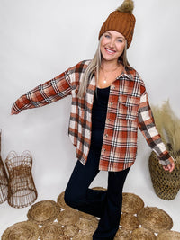 Rust Mixed Plaid Shacket Front Button Closure Front Chest Pockets Relaxed Oversized Fit