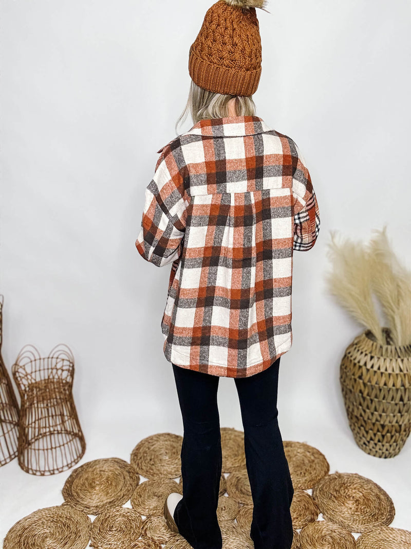 Rust Mixed Plaid Shacket Front Button Closure Front Chest Pockets Relaxed Oversized Fit