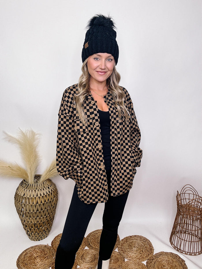Very J Black and Tan Checker Print Long Sleeve Shacket Side Pockets Chest Pockets Button Up Front Soft and Cozy Material Relaxed Oversized Fit