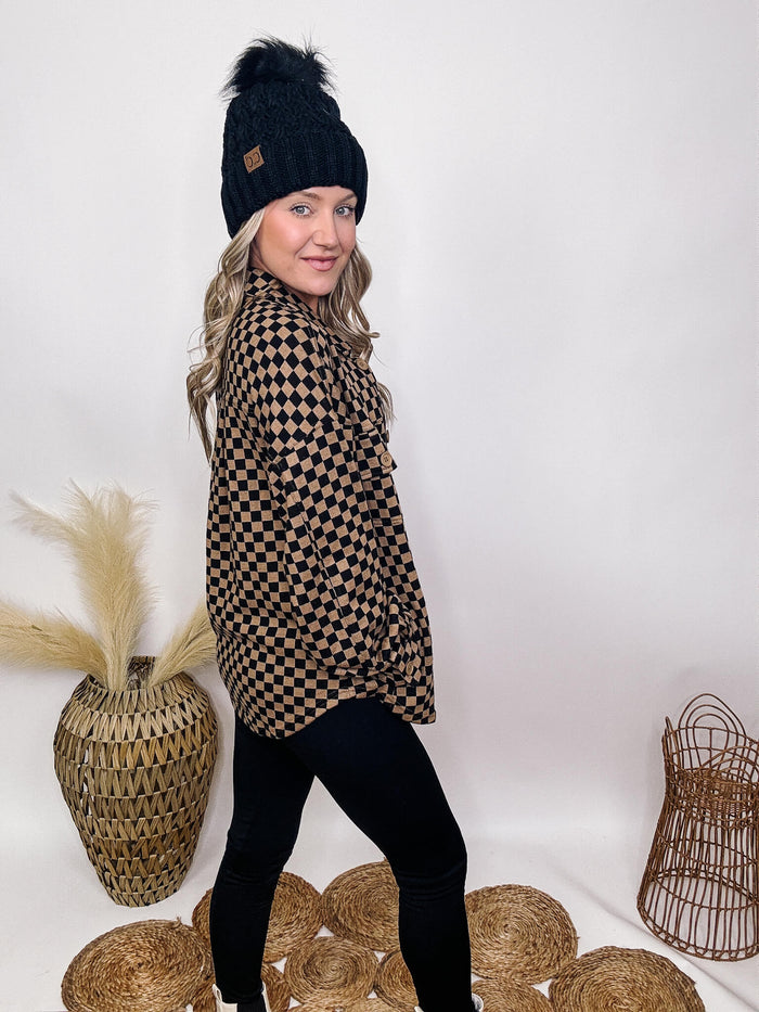 Very J Black and Tan Checker Print Long Sleeve Shacket Side Pockets Chest Pockets Button Up Front Soft and Cozy Material Relaxed Oversized Fit