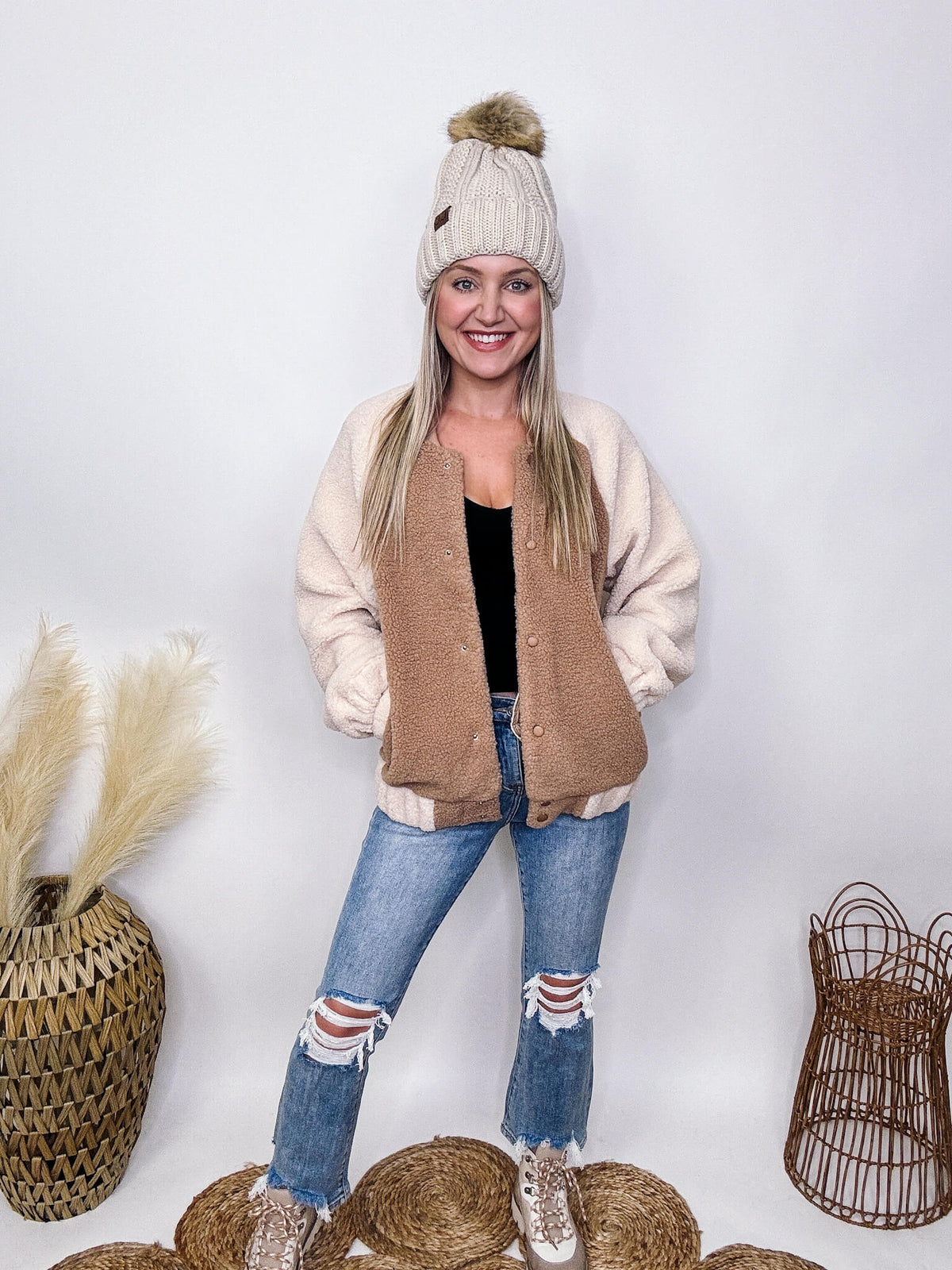 Very J Tan and Cream Sherpa Bomber Jacket Side Pockets Snap Button Down Front Medium Weight Elastic Wrist and Bottom Hem Oversized Fit