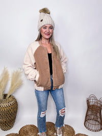 Very J Tan and Cream Sherpa Bomber Jacket Side Pockets Snap Button Down Front Medium Weight Elastic Wrist and Bottom Hem Oversized Fit