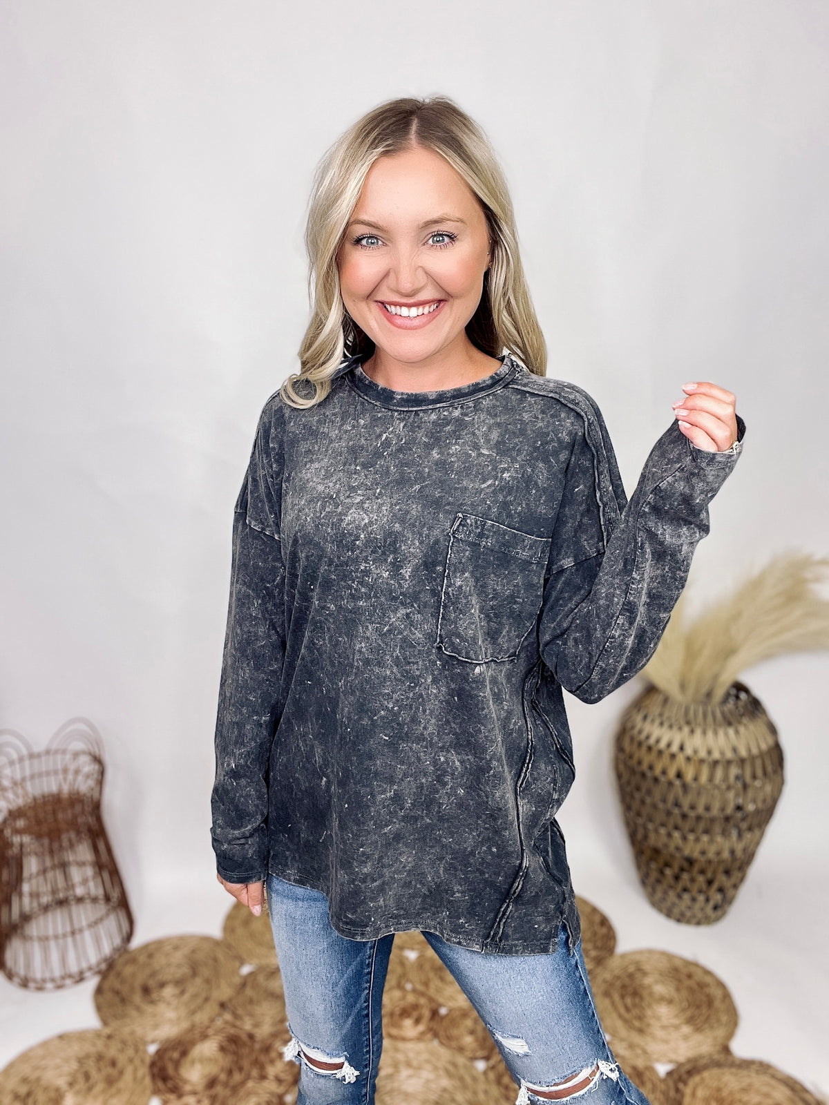Very J Washed Black Oversized Long Sleeve Top Raw Seam Detail Chest Pocket Side Slit Oversized Fit Mineral Washed 48% Polyester, 37% Cotton, 12% Rayon, 3% Spandex