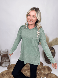 Very J Washed Sage Oversized Long Sleeve Top Raw Seam Detail Chest Pocket Side Slit Oversized Fit Mineral Washed 48% Polyester, 37% Cotton, 12% Rayon, 3% Spandex