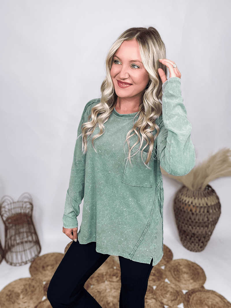 Very J Washed Sage Oversized Long Sleeve Top Raw Seam Detail Chest Pocket Side Slit Oversized Fit Mineral Washed 48% Polyester, 37% Cotton, 12% Rayon, 3% Spandex