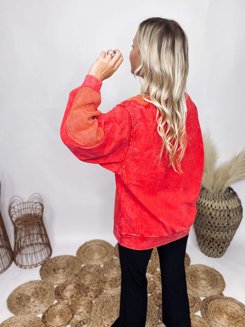Vintage Coral Mineral Washed Long Sleeve Pullover French Terry Patch Details Lightweight Relaxed Fit 100% Cotton