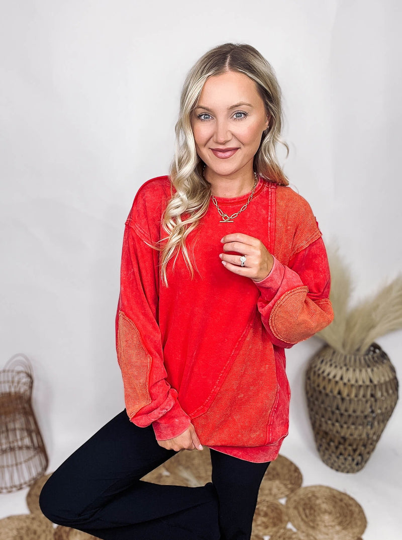 Vintage Coral Mineral Washed Long Sleeve Pullover French Terry Patch Details Lightweight Relaxed Fit 100% Cotton