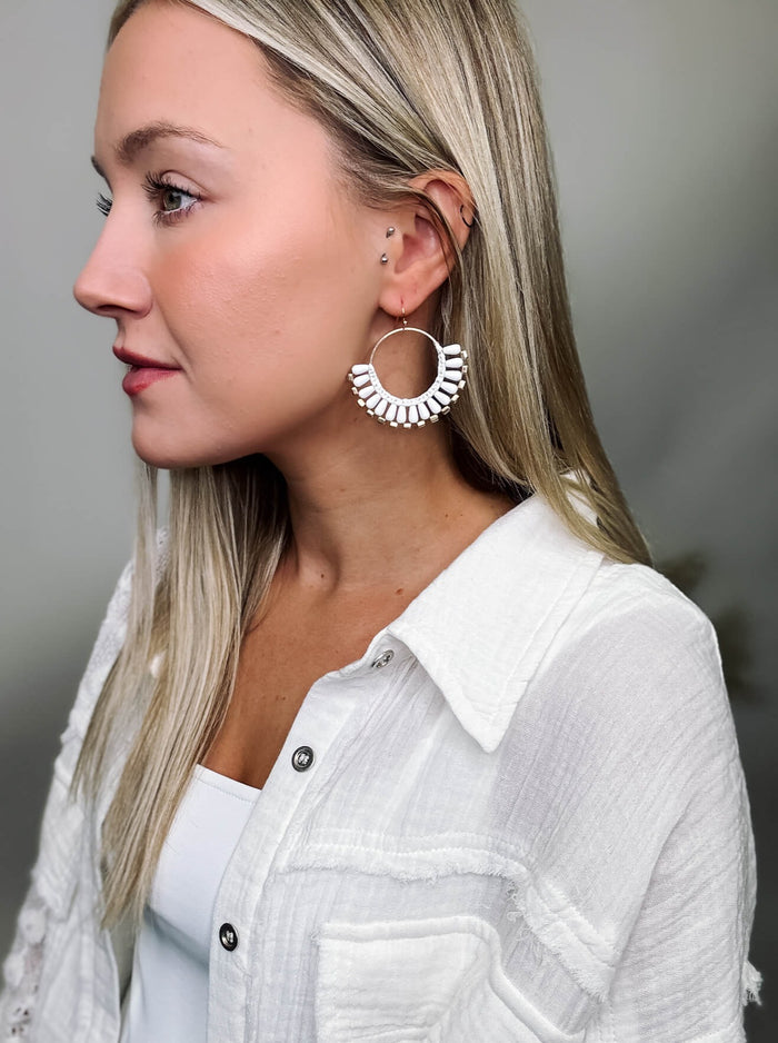 White Matte Coated Bead and Raffia Wrapped Wire Hoop Drop Earrings Approximately 2" in Length