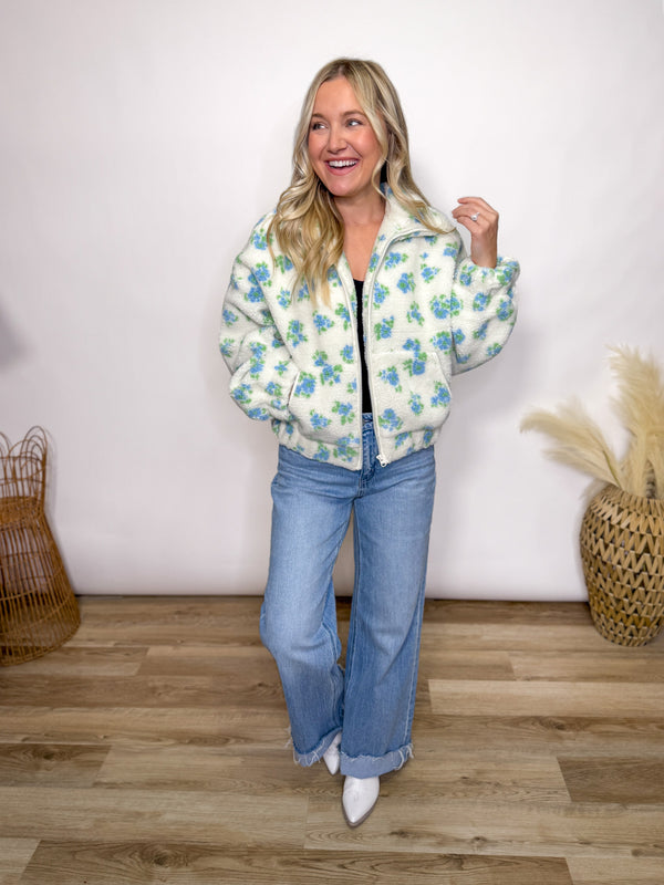 Winter white and blue floral Sherpa teddy jacket