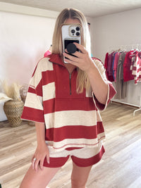 Women’s rust and oatmeal striped short-sleeve quarter-zip top and matching short set