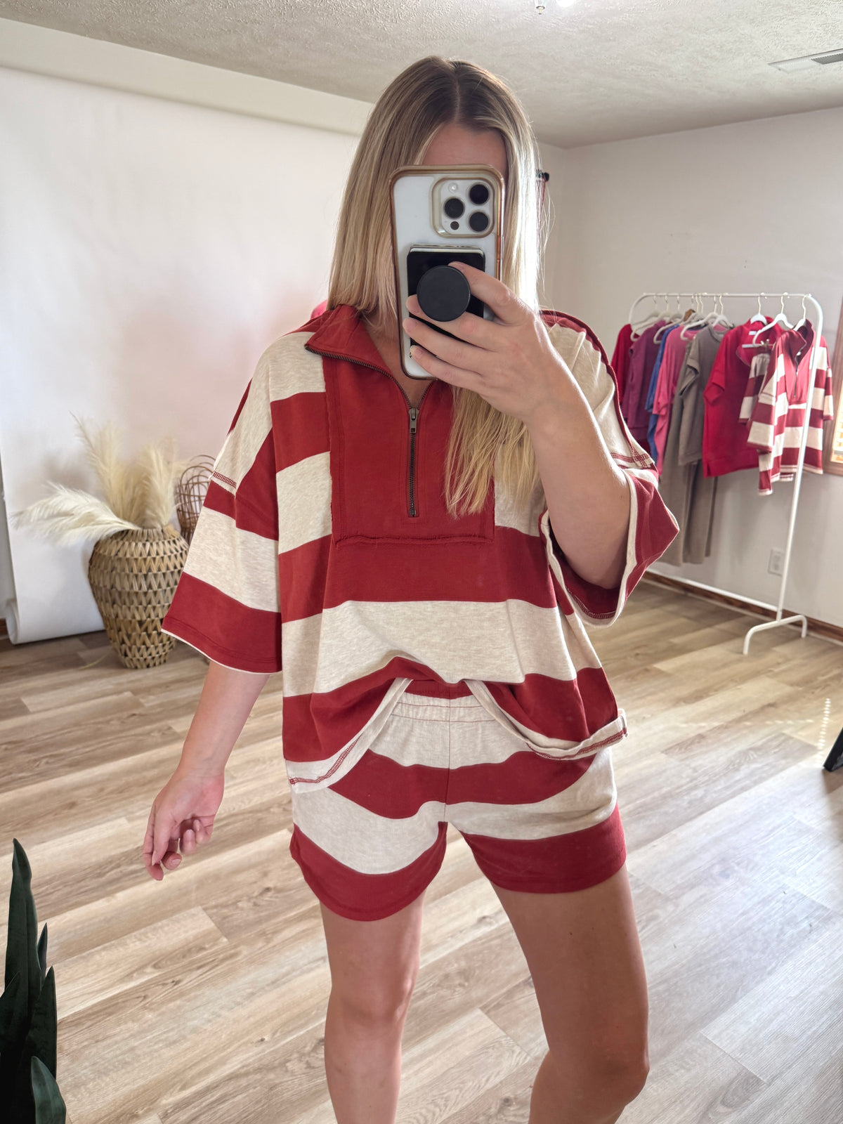 Women’s rust and oatmeal striped short-sleeve quarter-zip top and matching short set