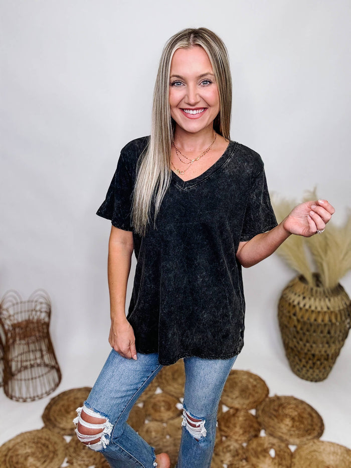 Zenana Ash Black Mineral Washed Short Sleeve Top V-Neckline Oversized Fit 100% Cotton ** Each item will be unique due to the mineral wash.