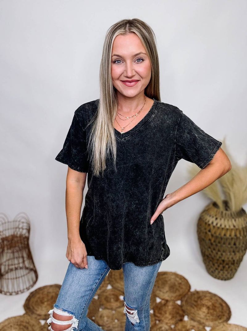 Zenana Ash Black Mineral Washed Short Sleeve Top V-Neckline Oversized Fit 100% Cotton ** Each item will be unique due to the mineral wash.