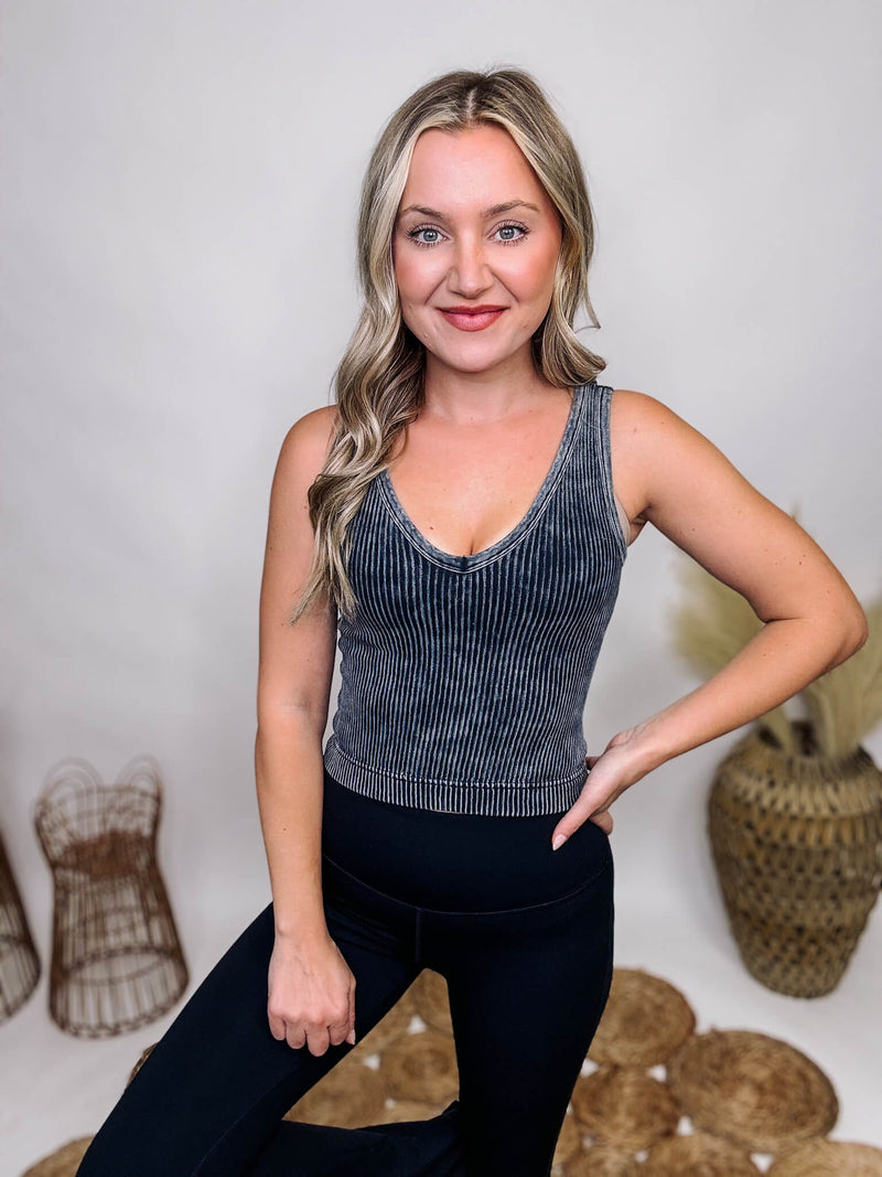 Zenana Ash Black Mineral Washed Ribbed Cropped Tank Top Two Way Neckline: V-Neck or Square Fitted and Stretchy 90% Nylon, 10% Spandex **Each item is unique due to the mineral wash