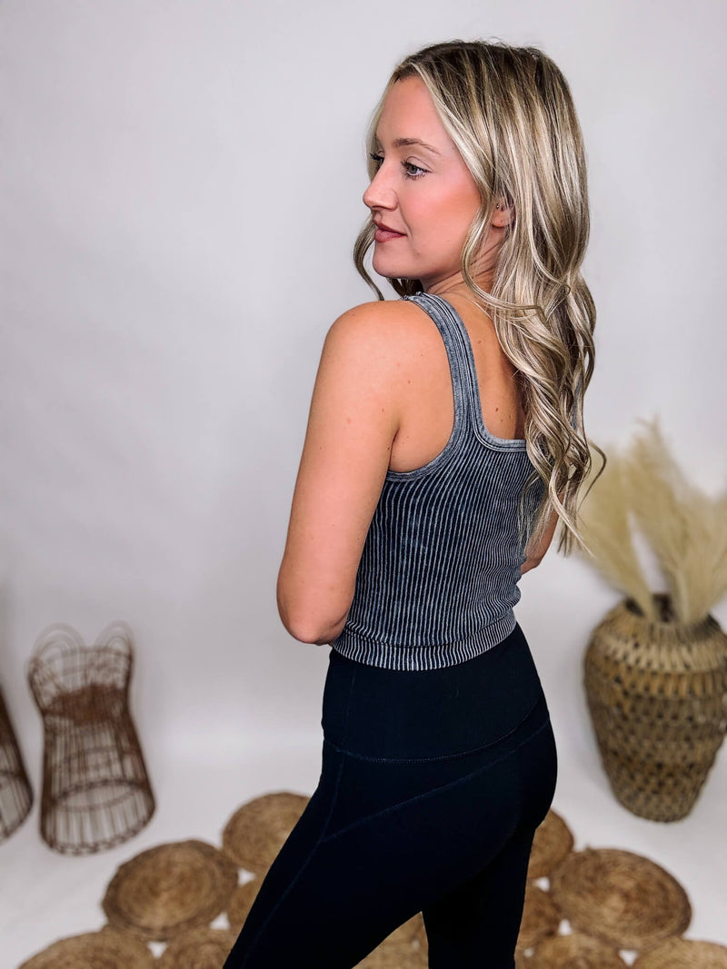 Zenana Ash Black Mineral Washed Ribbed Cropped Tank Top Two Way Neckline: V-Neck or Square Fitted and Stretchy 90% Nylon, 10% Spandex **Each item is unique due to the mineral wash