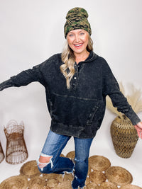 Zenana Black Acid Washed Long Sleeve Pullover Hoodie Half Button Up Kangaroo Pocket Ribbed Details Oversized Fit 100% Cotton  ** Each item will be unique due to the acid wash.