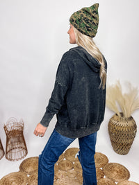 Zenana Black Acid Washed Long Sleeve Pullover Hoodie Half Button Up Kangaroo Pocket Ribbed Details Oversized Fit 100% Cotton  ** Each item will be unique due to the acid wash.
