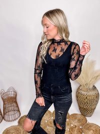 Zenana Black Lace Sheer See-Through Mesh Long Sleeve Top Fitted with Stretch 90% Nyon, 10% Spandex