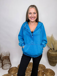 Zenana Acid Washed Blue 1/4 Zip Closure Fleece Lined Hoodie Pullover Kangaroo Pocket Ribbed Cuff and Hem Details Oversized Fit 58% Cotton, 37% Polyester, 5% Spandex
