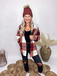 Zenana Rusty Brick Mixed Plaid Super Soft Fleece Oversized Shacket Side Pockets Chest Pockets Button Up Front Grey Hood with Drawstring Oversized Fit 100% Polyester