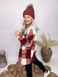 Zenana Rusty Brick Mixed Plaid Super Soft Fleece Oversized Shacket Side Pockets Chest Pockets Button Up Front Grey Hood with Drawstring Oversized Fit 100% Polyester