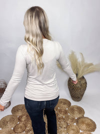 Zenana Sand Beige V Neck Buttery Soft Long Sleeve Top Stretchy Fitted 90% Polyester, 10% Spandex