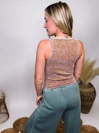 Zenana Deep Camel Mineral Washed Button Up Tank Top Ribbed V-Neck Fitted and Stretchy 90% Nylon, 10% Spandex **Each item is unique due to the mineral wash