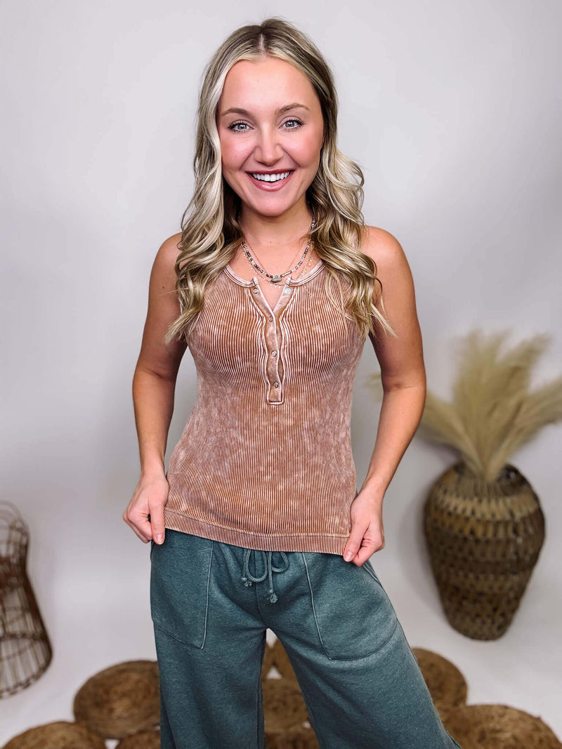 Zenana Deep Camel Mineral Washed Button Up Tank Top Ribbed V-Neck Fitted and Stretchy 90% Nylon, 10% Spandex **Each item is unique due to the mineral wash