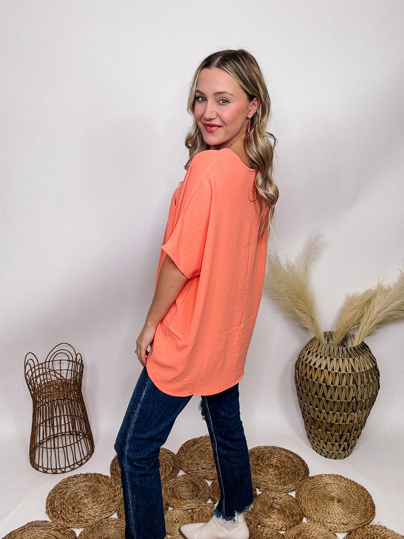 Zenana Coral V-Neck Oversized Short Sleeve Blouse Chest Pocket Oversized Flowy Fit 100% Polyester