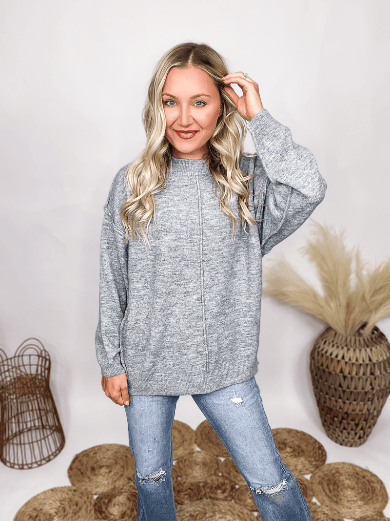 Zenana Grey Soft Stretchy Sweater Front Seam Detail Ribbed Hem and Cuff Sleeve Oversized Fit 68% Acrylic, 28% Polyester, 4% Spandex