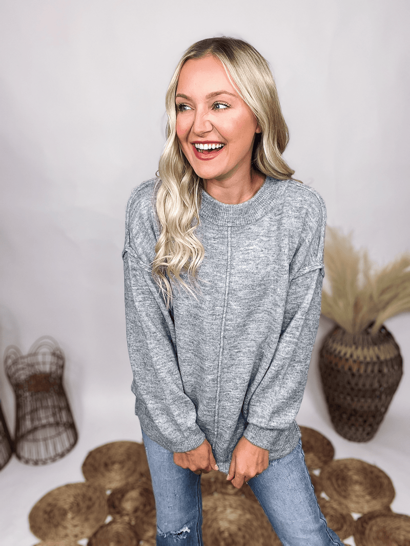Zenana Grey Soft Stretchy Sweater Front Seam Detail Ribbed Hem and Cuff Sleeve Oversized Fit 68% Acrylic, 28% Polyester, 4% Spandex