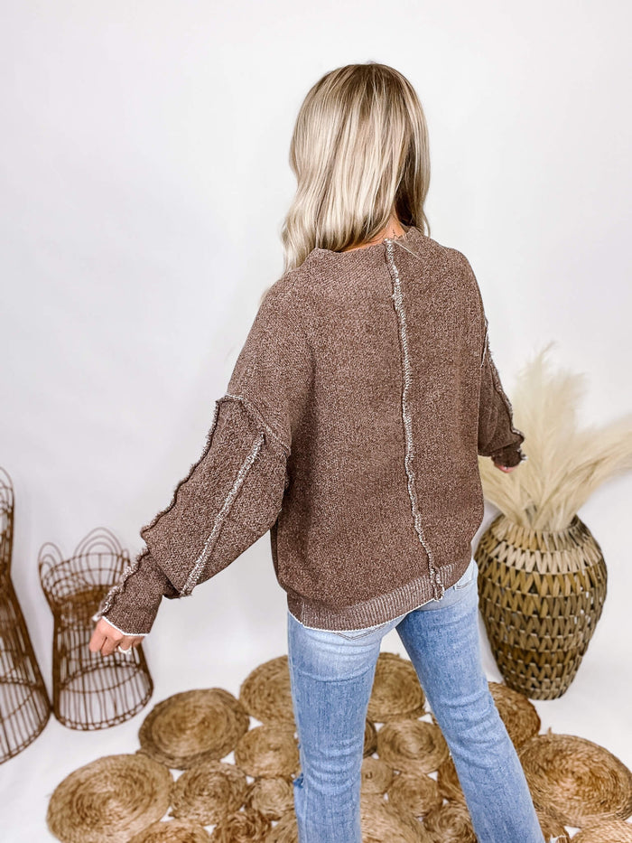 Zenana Brown Mock Neck Soft Chenille Sweater Raw Seam Details Oversized Fit 79% Polyester, 21% Acrylic