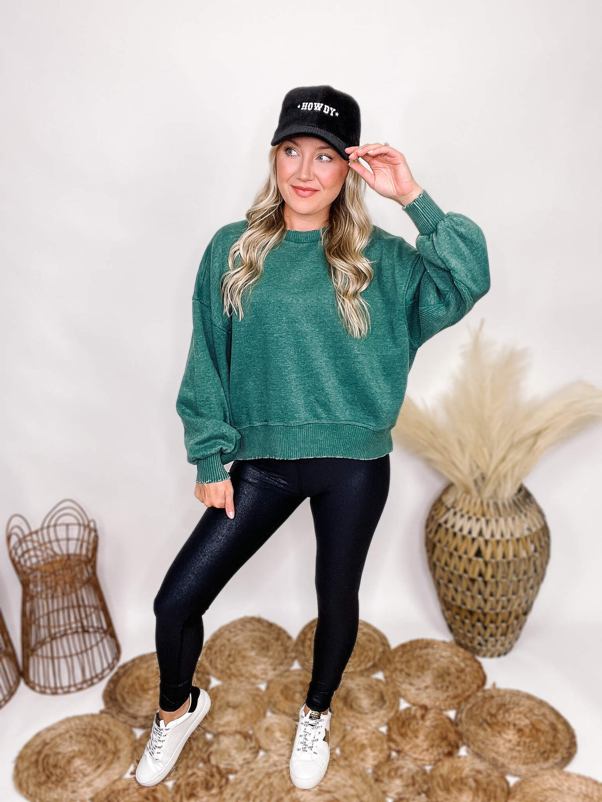Zenana Dark Green Acid Washed Fleece Lined Pullover Ribbed Cuff, Sleeve and Hem Details Oversized Fit 60% Cotton, 40& Polyester