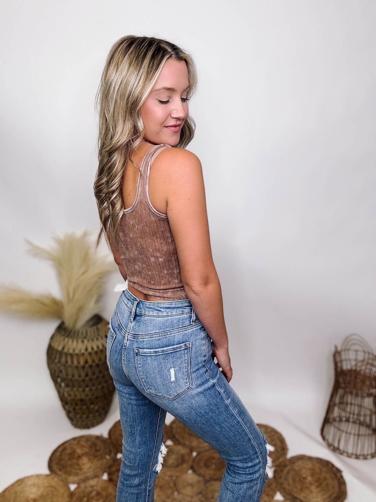Zenana Deep Camel Mineral Washed Crop Tank Top Ribbed V-Neck or Square Neck Fitted and Stretchy 90% Nylon, 10% Spandex **Each item is unique due to the mineral wash