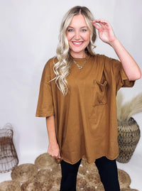Zenana Deep Camel Oversized Raw Edge Boyfriend T-Shirt Chest Pocket Oversized Fit 100% Cotton