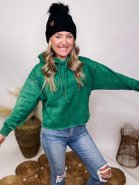 Zenana Forest Green Acid Washed Long Sleeve Pullover Hoodie Cropped Length Raw Bottom Hem Fleece Lined Relaxed Fit 60% Cotton, 40% Polyester ** Each item will be unique due to the acid wash.