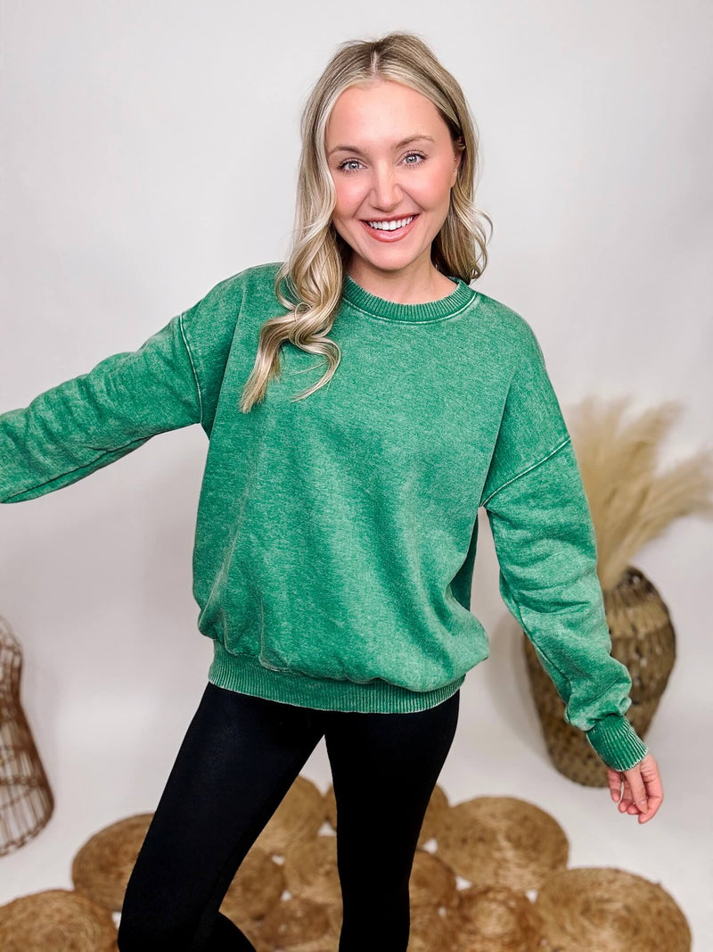 Forest Green Acid Washed Long Sleeve Pullover Sweatshirt Fleece Inside Ribbed Hem Details Relaxed Fit 58% Cotton, 37% Polyester, 5% Spandex