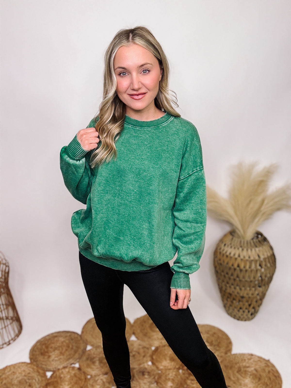Forest Green Acid Washed Pullover Sweatshirt