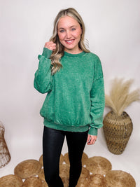 Forest Green Acid Washed Long Sleeve Pullover Sweatshirt Fleece Inside Ribbed Hem Details Relaxed Fit 58% Cotton, 37% Polyester, 5% Spandex